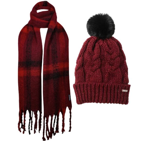 Steve Madden Women's Burgundy Plaid Scarf & Cable Knit Pompom Beanie Hat Set - Picture 1 of 4